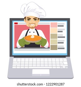 Young professional chef holding cake blogger how to cook tutorial
