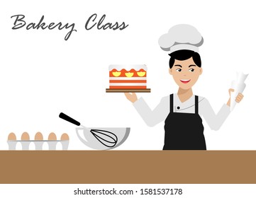 Young professional chef man in uniform with smiling face decorating cake in kitchen. Isolated on white background. Vector Illustration.Idea for bakery class, culinary school business.