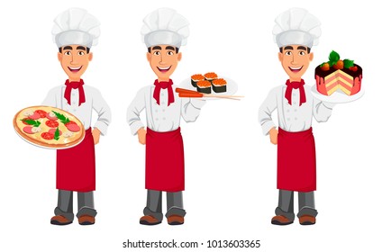 Young professional chef in uniform and cook hat. Smiling cartoon character, set with pizza, with sushi and with cake. Restaurant staff character design. Vector illustration