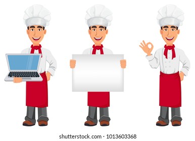 Young professional chef in uniform and cook hat. Smiling cartoon character, set with laptop, with placard and showing ok sign. Restaurant staff character design. Vector illustration