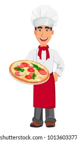 Young Professional Chef In Uniform And Cook Hat. Cartoon Character Holding Tasty Pizza. Restaurant Staff Character Design. Vector Illustration