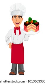 Young professional chef in uniform and cook hat. Smiling cartoon character holding sweet cake with chocolate and strawberries. Restaurant staff character design. Vector illustration