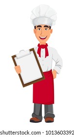 Young professional chef in uniform and cook hat. Cartoon character holding blank clipboard. Restaurant staff character design. Vector illustration