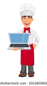 Young professional chef in uniform and cook hat. Cartoon character holding modern laptop. Restaurant staff character design. Vector illustration