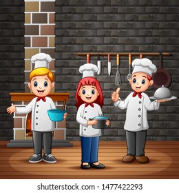 Young professional chefs in uniform with a specialty dish