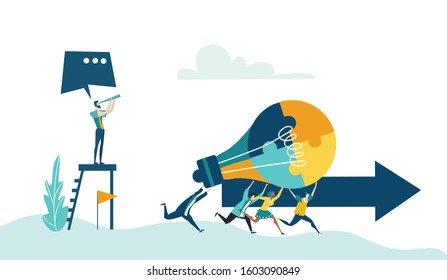 Young professional , creative people running with the light bulb 