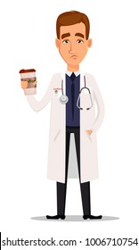 Young professional doctor holding cup of coffee, tired after hard day. Medical worker. Hospital staff. Cartoon character on white background. Vector illustration.