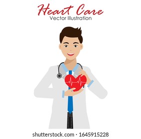 Young professional doctor holding red heart with ECG-EKG beat pulse line signal at his left chest. Isolated on white background. Vector Illustration. Idea for heart care, medical healthcare concept.