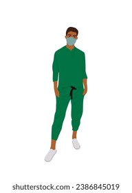 Young professional doctor man wearing medical uniform and mask, standing full length. Handsome cartoon male character. Vector colorful illustration isolated on white background.