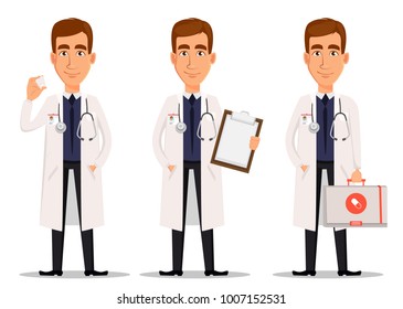Young professional doctor, set with model of tooth, with clipboard and with first aid kit. Medical worker. Hospital staff. Cartoon character on white background. Vector illustration.