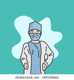 Young professional doctors. Vector illustration of doctors with medical masks.