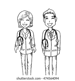 Young professional doctors.Sketchy style.