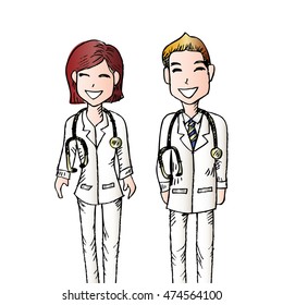 Young professional doctors.Sketchy style.