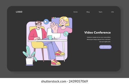 Young professional engages in a virtual meeting with a cheerful colleague via a large desktop monitor, surrounded by a comfy workspace and vibrant elements. Flat vector illustration.