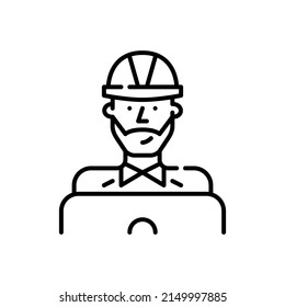 Junge Berufsingenieure oder Architekten. Mann in einem harten Hut, der an einem Laptop arbeitet. Pixel perfektes, bearbeitbares Strichsymbol