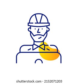 Young professional engineer or architect. Man in a hard hat working at a laptop. Pixel perfect, editable stroke line art icon