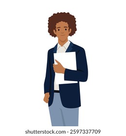 Young professional holding documents, exuding confidence for business or academic success. Flat vector illustration isolated on white background