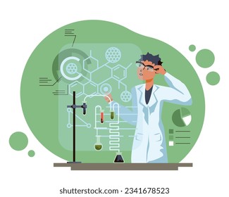 Young professional laboratory worker examine modern chart. Production of substances in laboratory. Chemical and laboratory research concept. Flat vector illustration in green colors