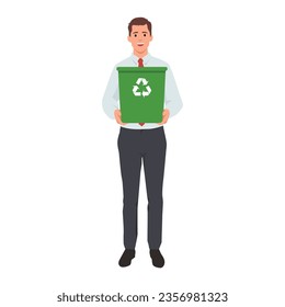 Young professional man holding a recycling bin. Flat vector illustration isolated on white background