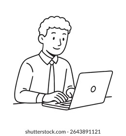 Young professional man typing on laptop in line art style