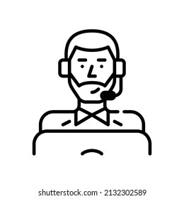 Young professional man wearing headset working as a call center agent. Pixel perfect, editable stroke icon