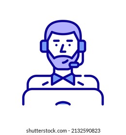 Joven profesional con casco trabajando como agente de un centro de llamadas. Icono de color, trazo editable y perfecto para píxeles