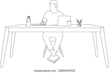 A young professional men working in front of laptop and write something in his company report line drawing style illustration.