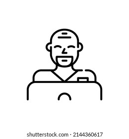 Young professional nurse. Smiling man working and learning at laptop. Pixel perfect, editable stroke icon