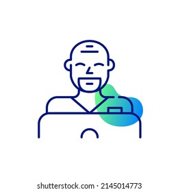 Young professional nurse. Smiling man working and learning at laptop. Pixel perfect, editable stroke line art icon