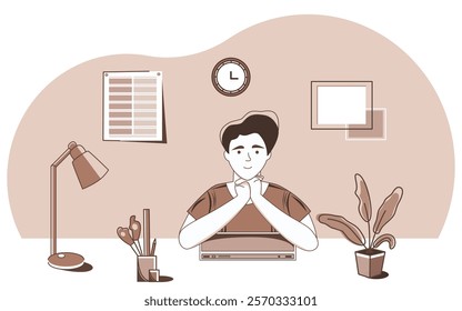 Young professional relaxing after work surrounded by laptop and office supplies in versatile workspace. Fashion illustration in chocolate and coffee color 2025. Use for web design.