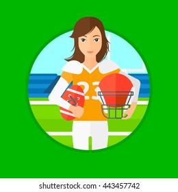Young professional rugby player holding ball and helmet in hands. Female in uniform standing on rugby stadium. Vector flat design illustration in the circle isolated on background.