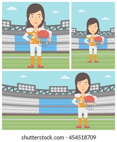 Young professional rugby player holding ball and helmet in hands. Female rugby player in uniform standing on rugby stadium. Vector flat design illustration. Square, horizontal, vertical layouts.