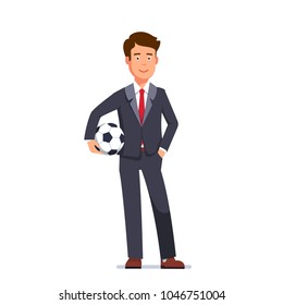 Young professional soccer player wearing formal business man suit with necktie. Business man posing holding soccer ball. Flat style character isolated vector illustration on white