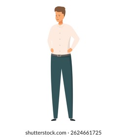 Young professional is standing with his hands on his hips, smiling confidently