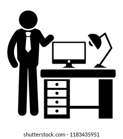 Young professional standing next to his desk and clock in background 
