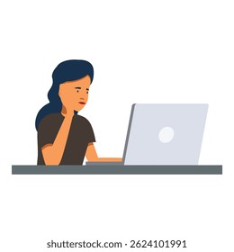 Young professional is thinking while working on her laptop at her desk