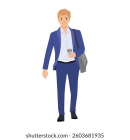 Young Professional Walking with Coffee. Flat vector illustration isolated on white background