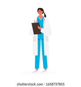 Young professional woman doctor isolated on white background. Medical specialist. Modern flat vector digital illustration.