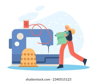 Young professional woman holding reel of fabric, stands near sewing machine. Workplace of tailor sewing machine, rolls of thread. Flat vector illustration in cartoon style