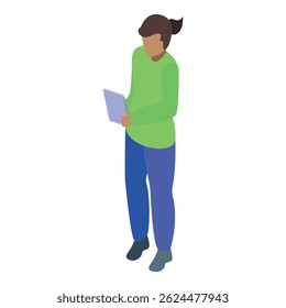 Young professional woman is standing and using a tablet