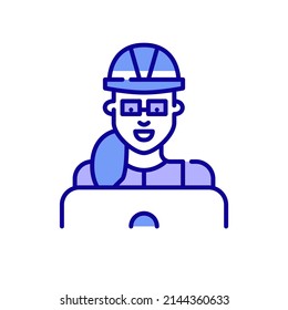 Young professional woman wearing hard hat. Architect or engineer working or learning at laptop. Pixel perfect, editable stroke color icon 
