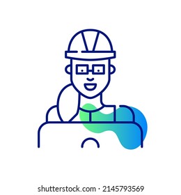 Young professional woman wearing hard hat. Architect or engineer working or learning at laptop. Pixel perfect, editable stroke line art icon 