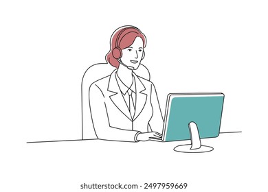 Young professional woman wearing a headset, working diligently at her desk in an office Hand drawn offset fill with doodle illustration