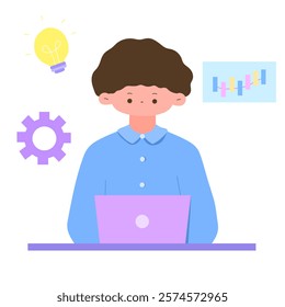 young professional working on laptop for business and technology concept and flat design illustration