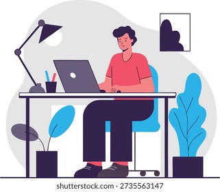 Um jovem profissional trabalhando em um laptop em uma moderna mesa de escritório em casa, cercado por plantas e elementos mínimos de espaço de trabalho.