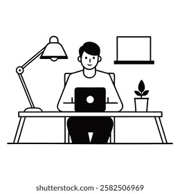 A young professional working remotely from a cozy home office with a laptop, a cup of coffee, and a modern desk setup, with natural light streaming in
