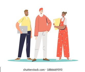 Young professionals team. Group of cartoon businesspeople, partners or colleagues. Business managers working together. Teamwork and partnership concept. Flat vector illustration