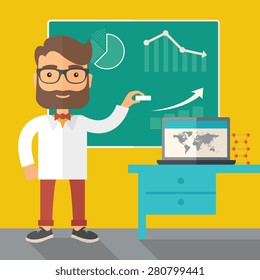 A young professor holding a chalk sketching a graphs and teaching on how to develop a business worlwide. A Contemporary style with pastel palette, dark yellow tinted background. Vector flat design