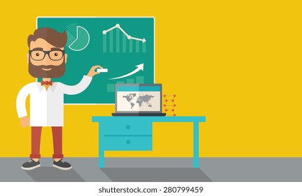 A young professor holding a chalk sketching a graphs and teaching on how to develop a business worlwide. A Contemporary style with pastel palette, dark yellow tinted background. Vector flat design