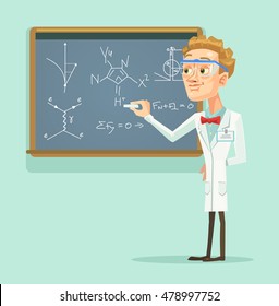 Young professor scientist character with chalkboard in classroom. Vector flat cartoon illustration